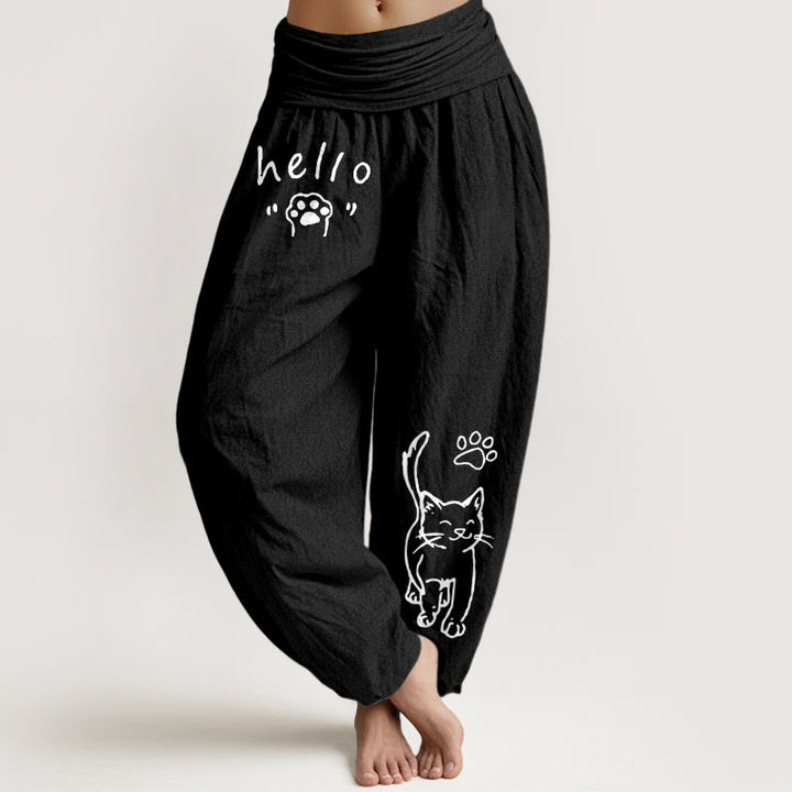 Buddha Stones Pantaloni harem da donna in puro cotone con elastico in vita e fantasia a zampa di gatto "Hello Cat". - Nero - US16, UK/AU20, EU48 (3XL) - image 0