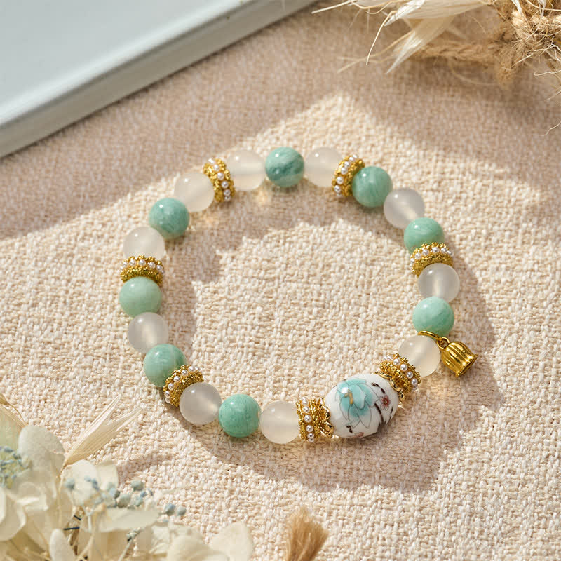 Buddha Stones Ciondolo a forma di fiore in ceramica con perline a barilotto in agata bianca e amazzonite, bracciale con perline rotonde Purezza - Amazzonite agata bianca (circonferenza del polso: 15–16 cm) - image 0
