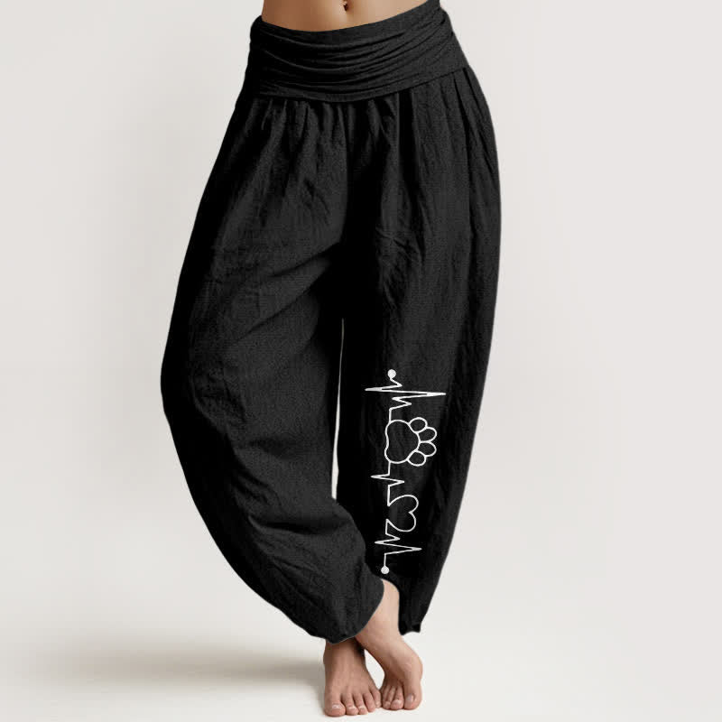 Buddha Stones Pantaloni harem da donna in puro cotone con stampa di zampe e battito cardiaco, elastico in vita. - Nero - US16, UK/AU20, EU48 (3XL) - image 5