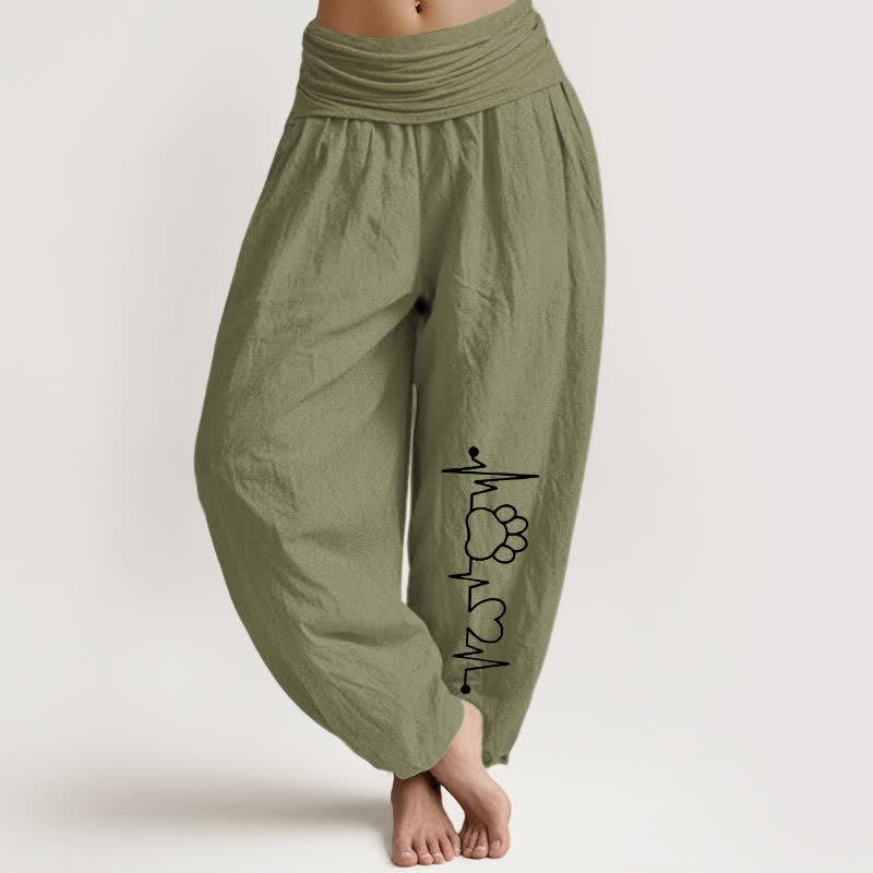 Buddha Stones Pantaloni harem da donna in puro cotone con stampa di zampe e battito cardiaco, elastico in vita. - Verde oliva - US16, UK/AU20, EU48 (3XL) - image 14
