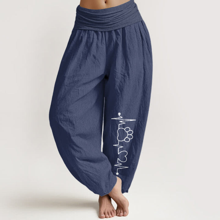 Buddha Stones Pantaloni harem da donna in puro cotone con stampa di zampe e battito cardiaco, elastico in vita. - Blu ardesia scuro - US16, UK/AU20, EU48 (3XL) - image 0