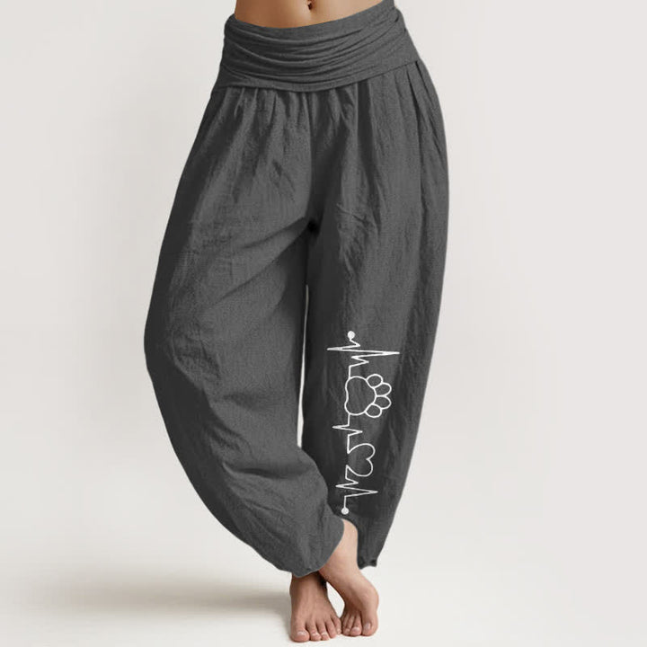 Buddha Stones Pantaloni harem da donna in puro cotone con stampa di zampe e battito cardiaco, elastico in vita. - Grigio tenue - US16, UK/AU20, EU48 (3XL) - image 8