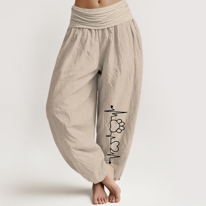 Buddha Stones Pantaloni harem da donna in puro cotone con stampa di zampe e battito cardiaco, elastico in vita. - Tan - US16, UK/AU20, EU48 (3XL) - image 11