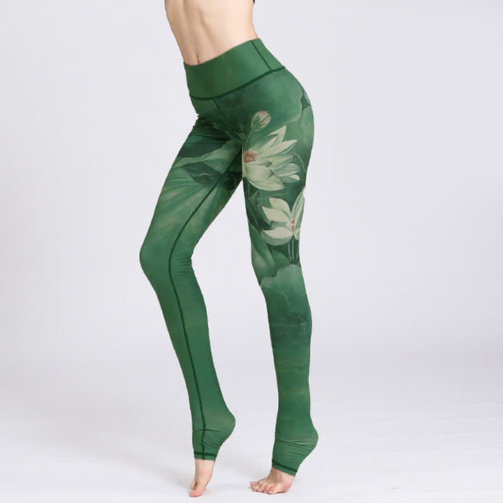 Pantaloni da yoga sportivi da donna con stampa di fiori di loto Buddha Stones, leggings per fitness e yoga. - Loto Verde - US8-10, UK/AU12-14, EU40-42 (XL) - image 0