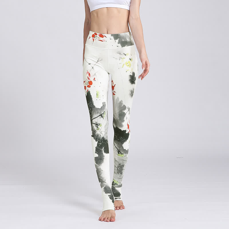 Pantaloni da yoga sportivi da donna con stampa di fiori di loto Buddha Stones, leggings per fitness e yoga. - Loto bianco d'inchiostro - US8-10, UK/AU12-14, EU40-42 (XL) - image 26
