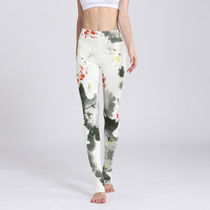 Pantaloni da yoga sportivi da donna con stampa di fiori di loto Buddha Stones, leggings per fitness e yoga. - Loto bianco d'inchiostro - US8-10, UK/AU12-14, EU40-42 (XL) - image 26
