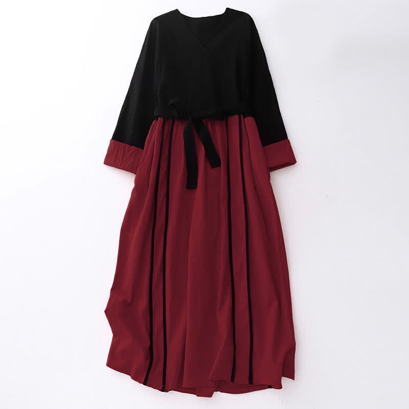 Abito midi da donna a maniche lunghe con tasche e design a blocchi di colore con motivo Buddha Stones allacciatura - Cremisi - US8-10, UK/AU12-14, EU40-42 (2XL) - image 0