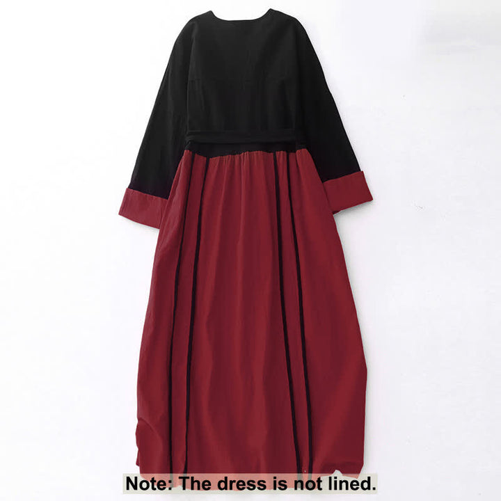 Abito midi da donna a maniche lunghe con tasche e design a blocchi di colore con motivo Buddha Stones allacciatura - image 1