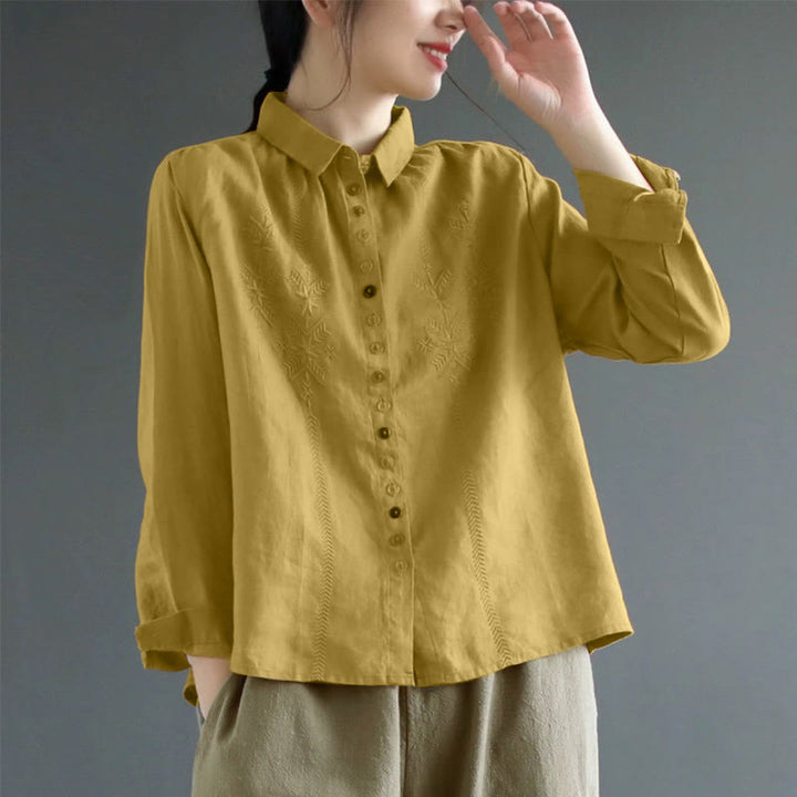 Camicia da donna a maniche lunghe con ricamo primaverile Buddha Stones e bottoni colorati. - Verga d'oro scura - US8-10, UK/AU12-14, EU40-42 (2XL) - image 0