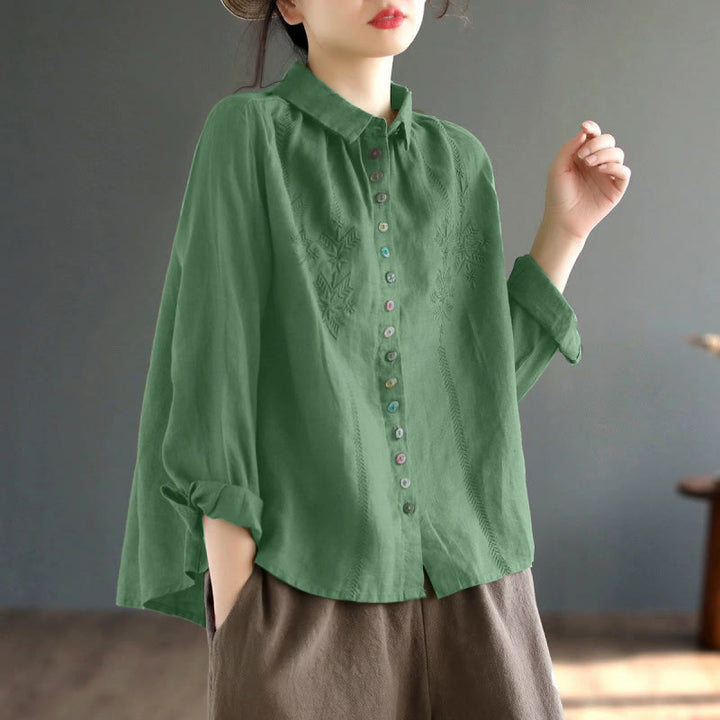 Camicia da donna a maniche lunghe con ricamo primaverile Buddha Stones e bottoni colorati. - Verde mare medio - US8-10, UK/AU12-14, EU40-42 (2XL) - image 9