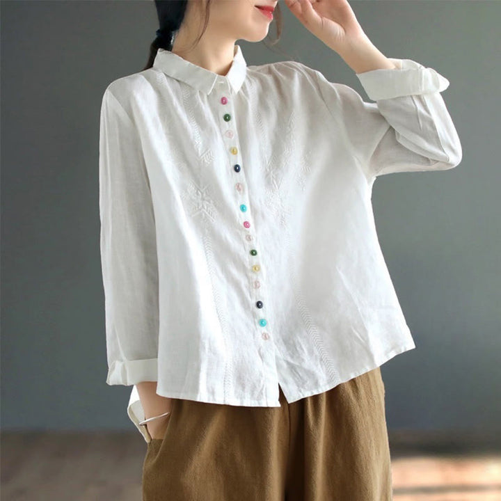 Camicia da donna a maniche lunghe con ricamo primaverile Buddha Stones e bottoni colorati. - Bianco - US8-10, UK/AU12-14, EU40-42 (2XL) - image 5
