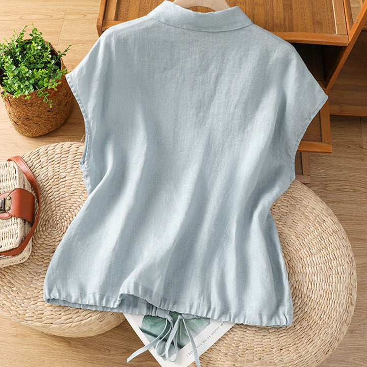Camicia da donna estiva a maniche corte con bottoni e stampa Buddha Stones. - image 2