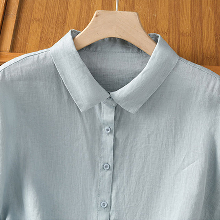Camicia da donna estiva a maniche corte con bottoni e stampa Buddha Stones. - image 3