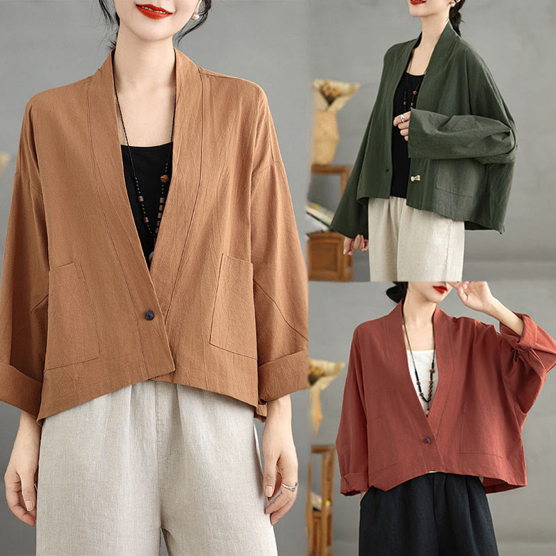 Giacca corta a maniche lunghe, stile vintage casual, con tasche, con stampa Buddha Stones. - image 21