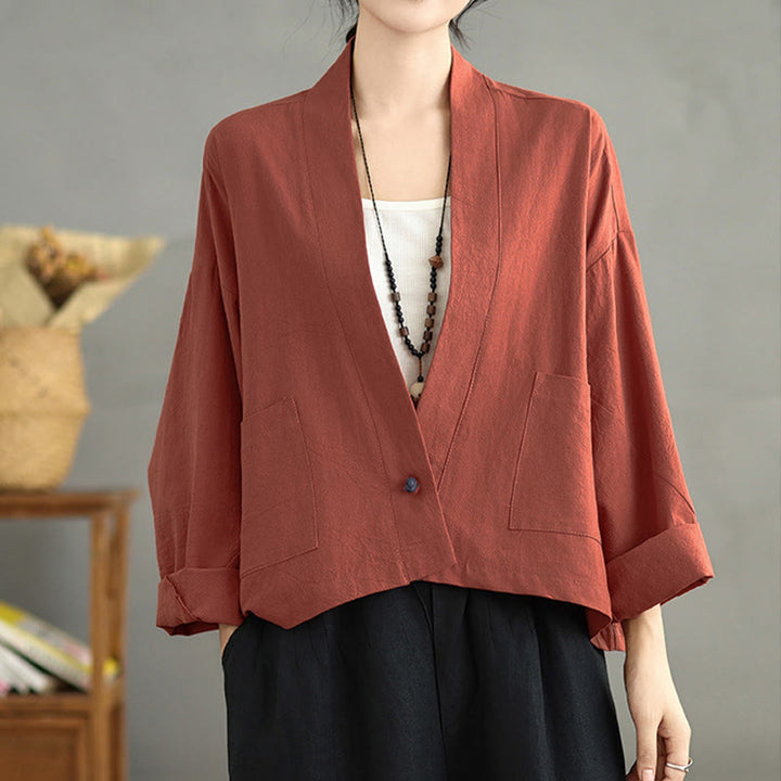 Giacca corta a maniche lunghe, stile vintage casual, con tasche, con stampa Buddha Stones. - image 9
