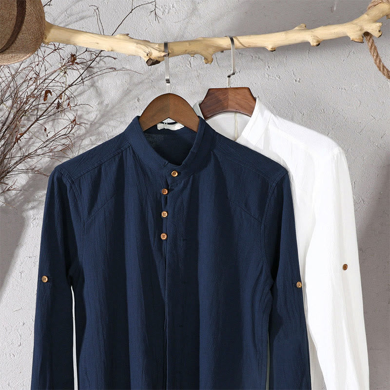 Camicia da uomo a maniche lunghe con collo alto e stampa Buddha Stones, vestibilità slim, in cotone e lino. - image 13