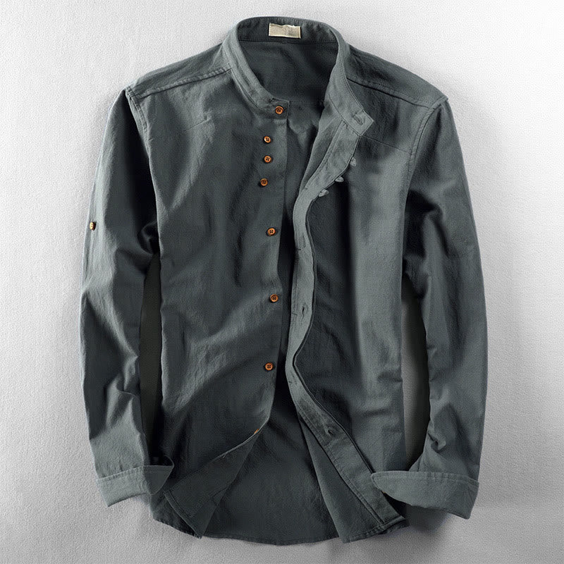 Camicia da uomo a maniche lunghe con collo alto e stampa Buddha Stones, vestibilità slim, in cotone e lino. - Cadetto Blu - US/UK/AU48, EU58 (7XL) - image 10