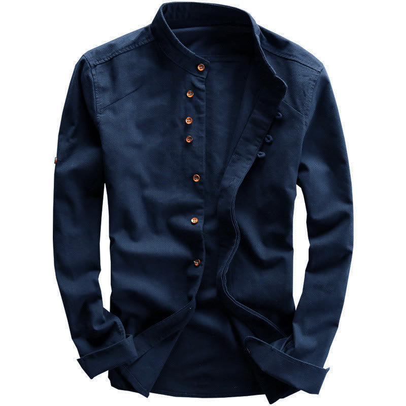 Camicia da uomo a maniche lunghe con collo alto e stampa Buddha Stones, vestibilità slim, in cotone e lino. - image 1