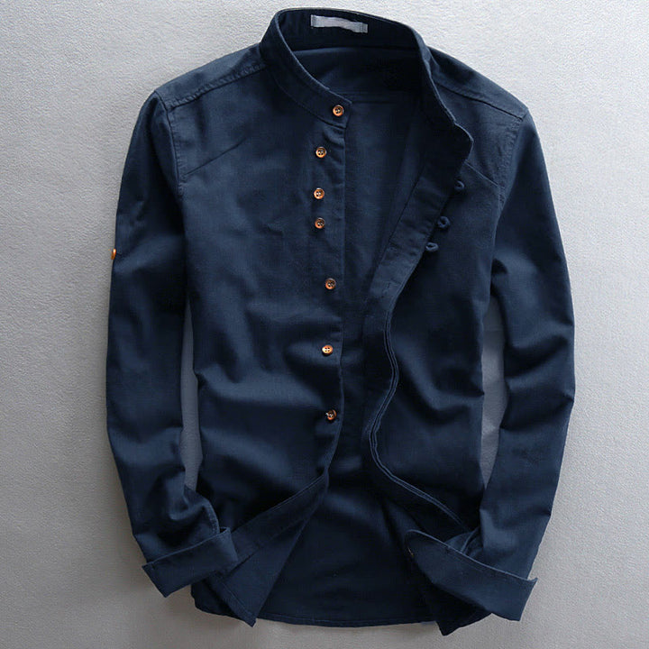 Camicia da uomo a maniche lunghe con collo alto e stampa Buddha Stones, vestibilità slim, in cotone e lino. - Blu notte - US/UK/AU48, EU58 (7XL) - image 0