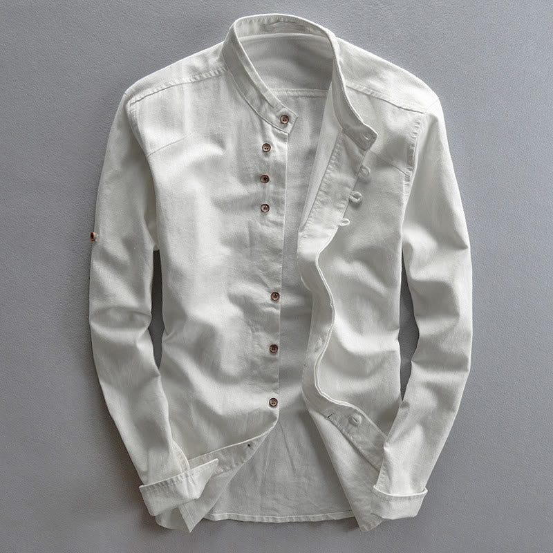 Camicia da uomo a maniche lunghe con collo alto e stampa Buddha Stones, vestibilità slim, in cotone e lino. - Bianco - US/UK/AU48, EU58 (7XL) - image 3