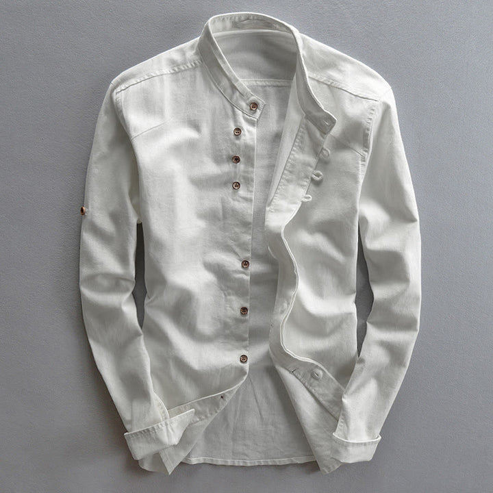 Camicia da uomo a maniche lunghe con collo alto e stampa Buddha Stones, vestibilità slim, in cotone e lino. - Bianco - US/UK/AU48, EU58 (7XL) - image 3