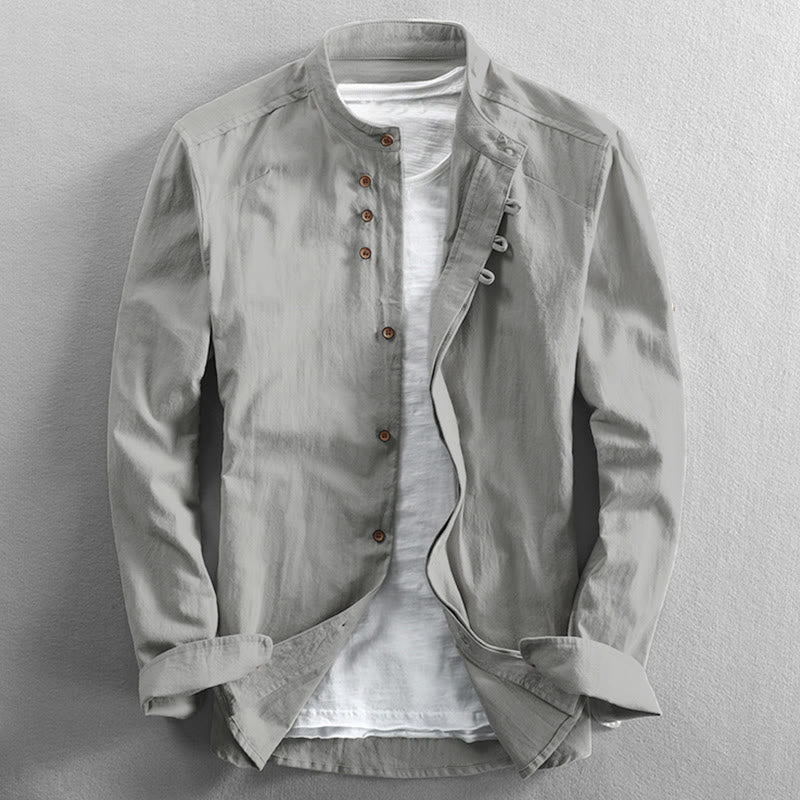 Camicia da uomo a maniche lunghe con collo alto e stampa Buddha Stones, vestibilità slim, in cotone e lino. - WhiteSmoke - US/UK/AU48, EU58 (7XL) - image 12
