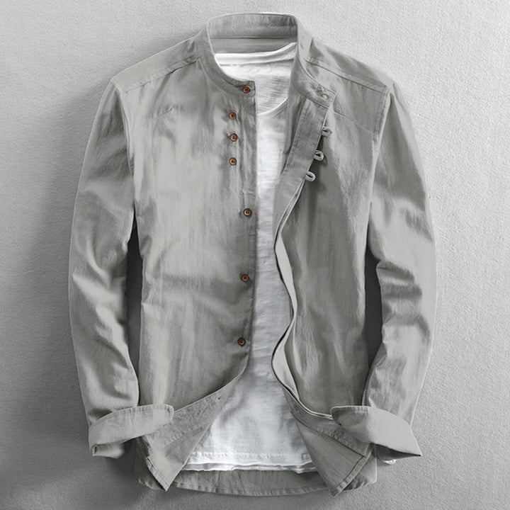 Camicia da uomo a maniche lunghe con collo alto e stampa Buddha Stones, vestibilità slim, in cotone e lino. - WhiteSmoke - US/UK/AU48, EU58 (7XL) - image 12