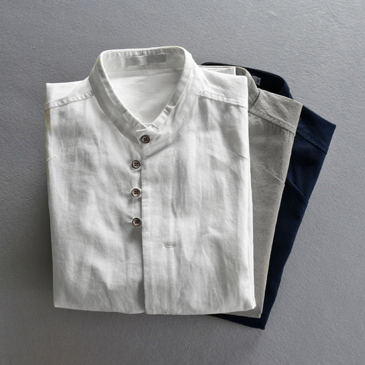 Camicia da uomo a maniche lunghe con collo alto e stampa Buddha Stones, vestibilità slim, in cotone e lino. - image 14