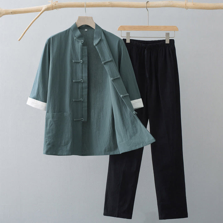 Completo da uomo tradizionale con rana e maglia a maniche corte e pantaloni, composto Buddha Stones e Frog Tang. - Maglietta verde e pantaloni neri - US/UK/AU44, EU54 (4XL)  - image 0
