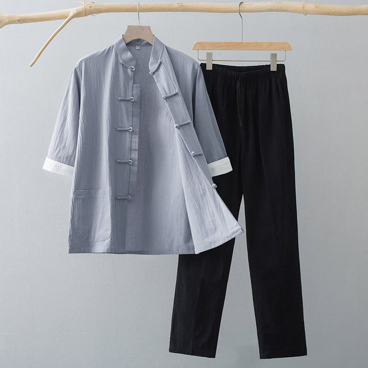 Completo da uomo tradizionale con rana e maglia a maniche corte e pantaloni, composto Buddha Stones e Frog Tang. - Maglia grigia e pantaloni neri - US/UK/AU44, EU54 (4XL)  - image 6