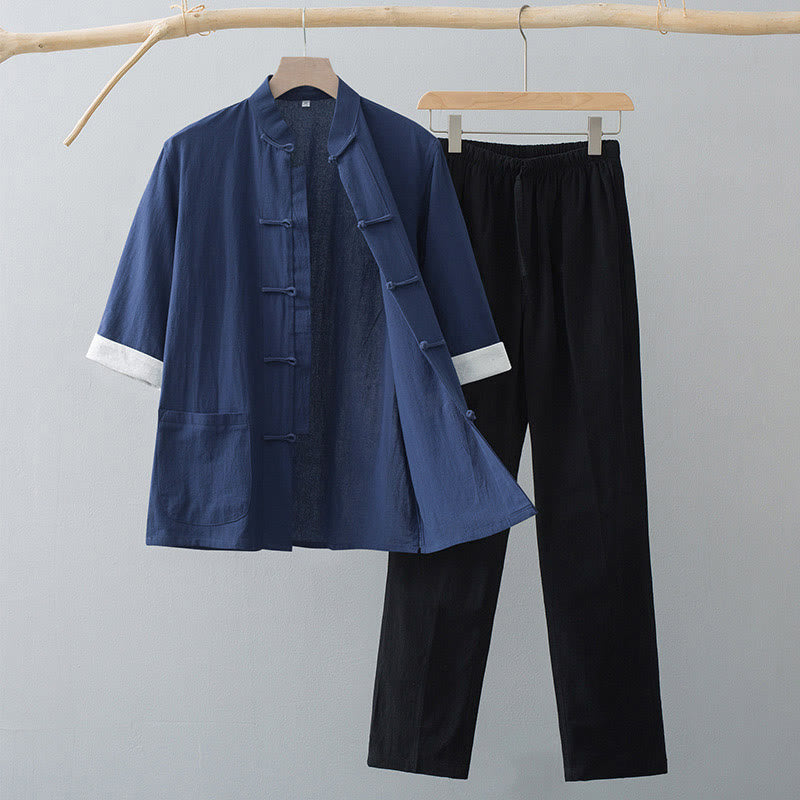 Completo da uomo tradizionale con rana e maglia a maniche corte e pantaloni, composto Buddha Stones e Frog Tang. - Maglia blu navy e pantaloni neri - US/UK/AU44, EU54 (4XL)  - image 7