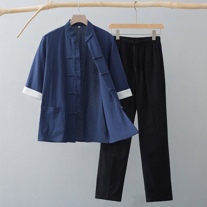 Completo da uomo tradizionale con rana e maglia a maniche corte e pantaloni, composto Buddha Stones e Frog Tang. - Maglia blu navy e pantaloni neri - US/UK/AU44, EU54 (4XL)  - image 7
