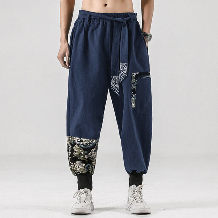 Pantaloni harem da uomo con lacci e tasche, con stampa "Onde oceaniche" e motivo Buddha Stones. - image 35