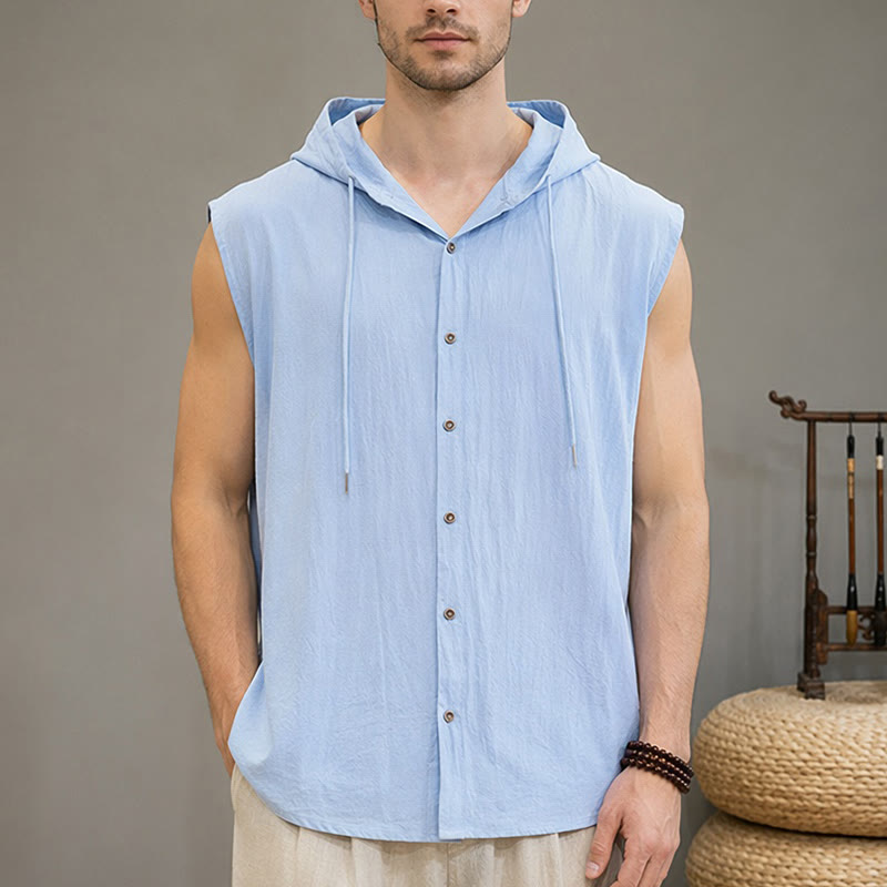 Buddha Stones Canotta da uomo estiva casual minimalista con bottoni e coulisse, tinta unita, senza maniche - Azzurro chiaro - US/UK/AU46, EU56 (3XL) - image 0
