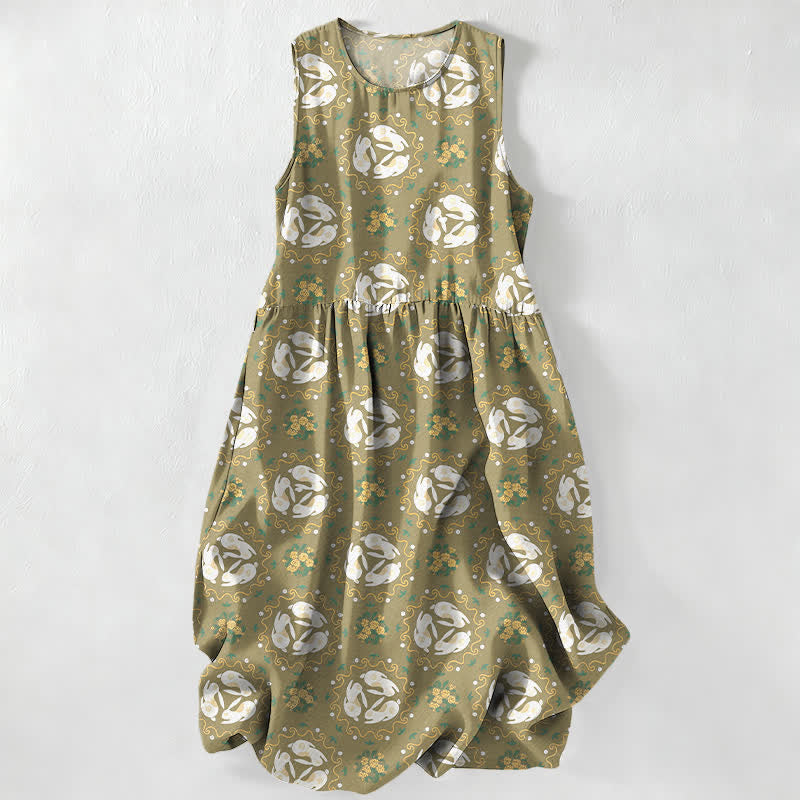 Buddha Stones Abito midi estivo casual da donna con motivo floreale vintage a medaglioni e foglie, senza maniche e con tasche. - Verde oliva - US16, UK/AU20, EU48 (3XL) - image 5