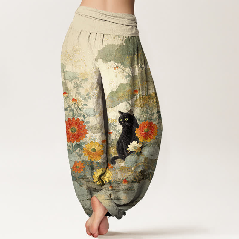 Buddha Stones Pantaloni harem da donna in puro cotone, vintage, con fantasia floreale e gatti neri, con elastico in vita. - image 6