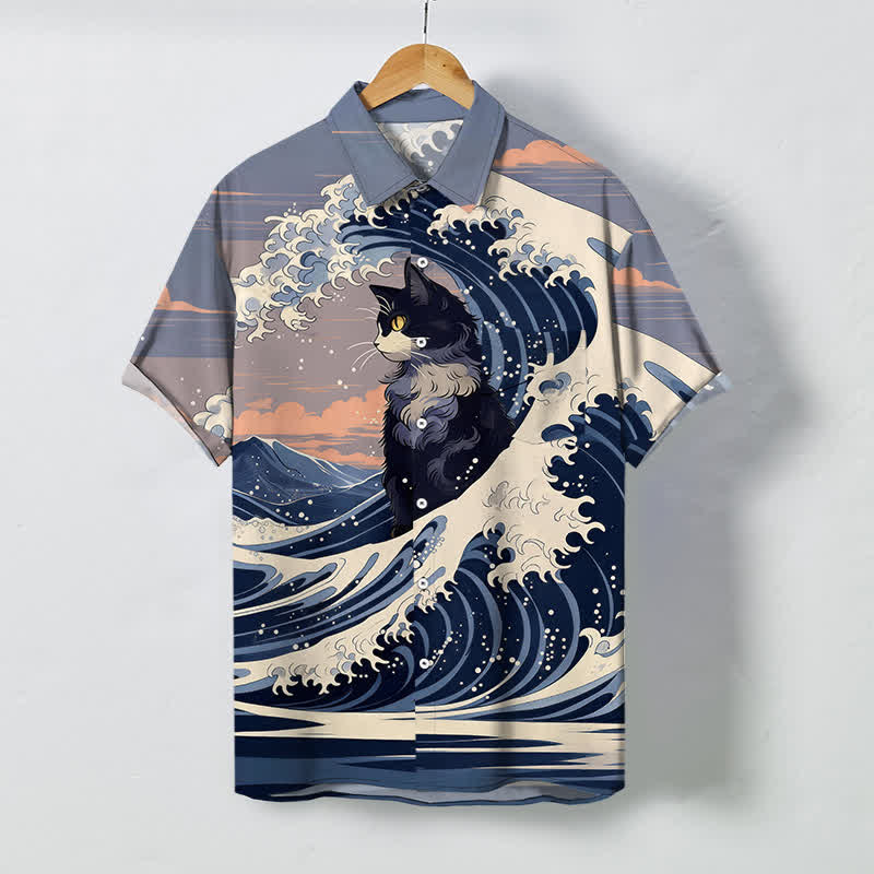 Buddha Stones Camicia da uomo a maniche corte traspirante con motivo gatto nero e onde, stampa Great Wave. - Blu acciaio chiaro - US/UK/AU48, EU58 (4XL) - image 0