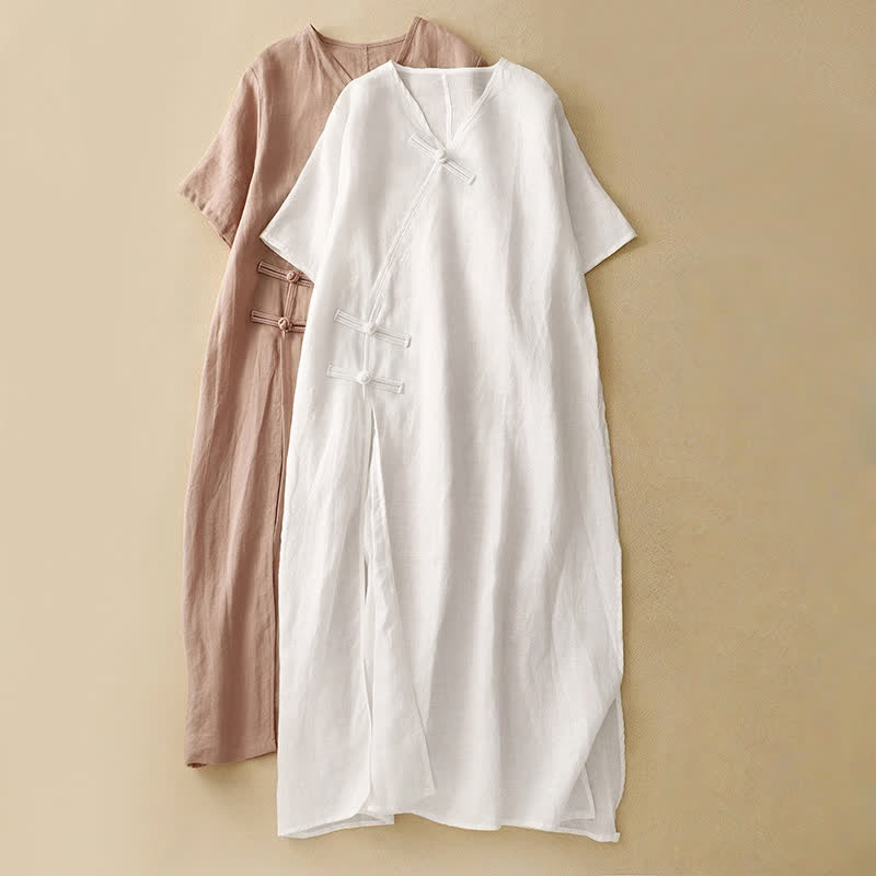 Abito midi da donna estivo con scollo a V, bottoni a rana e maniche corte, Buddha Stones. - image 16