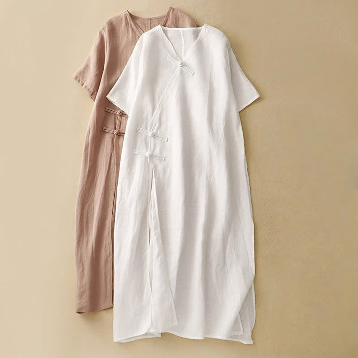 Abito midi da donna estivo con scollo a V, bottoni a rana e maniche corte, Buddha Stones. - image 16