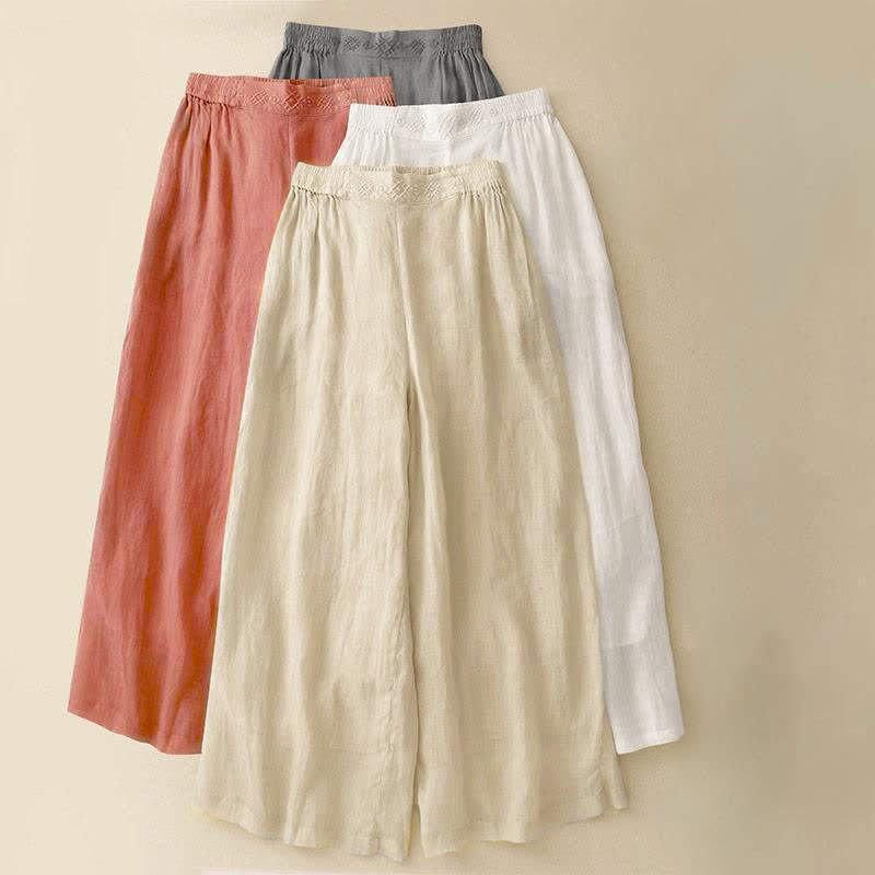 Pantaloni larghi da donna in cotone e lino con tasche, con elastico in vita e ricamo geometrico Buddha Stones - image 25