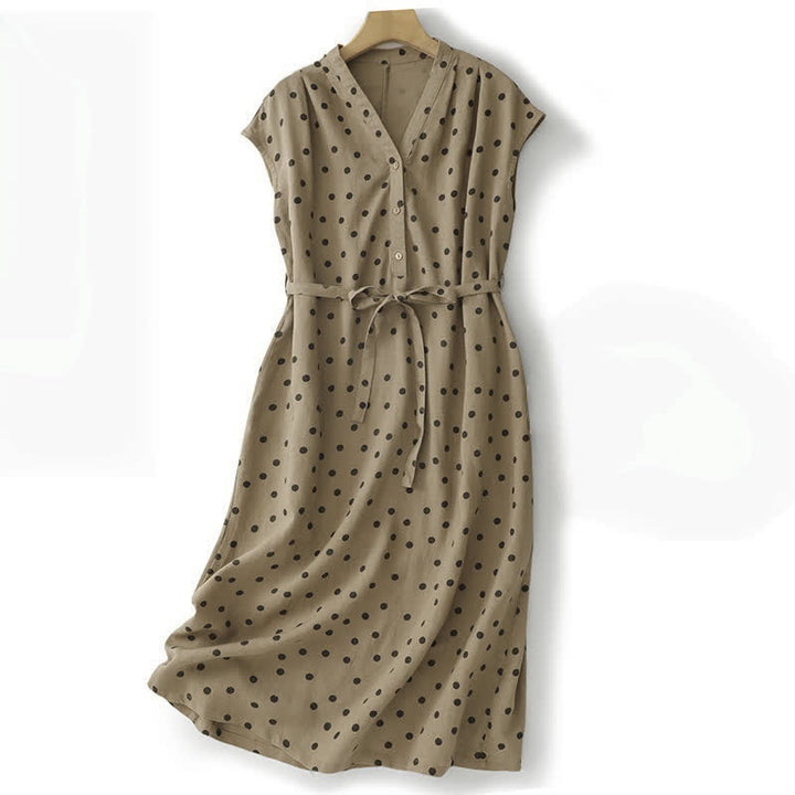 Abito da donna estivo a pois con scollo a V e allacciatura al ginocchio, con tasche, Buddha Stones. - Tan - US14, UK/AU18, EU46 (2XL) - image 0