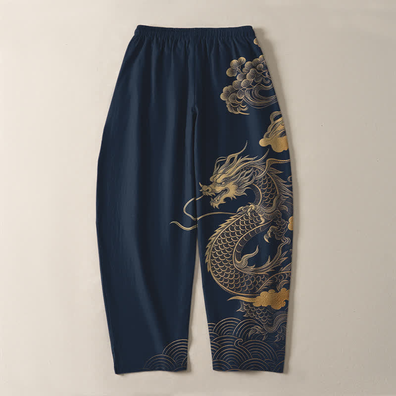 Buddha Stones Pantaloni da uomo affusolati in puro cotone con motivo drago dorato e nuvole, con coulisse e tasche. - image 14