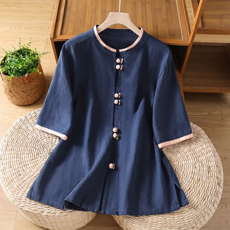 Buddha Stones Camicia da donna a maniche corte con scollo rotondo e bottoni a rana in stile vintage Summer Tang, ideale per l'estate. - Marina - US8-10, UK/AU12-14, EU40-42 (2XL) - image 0