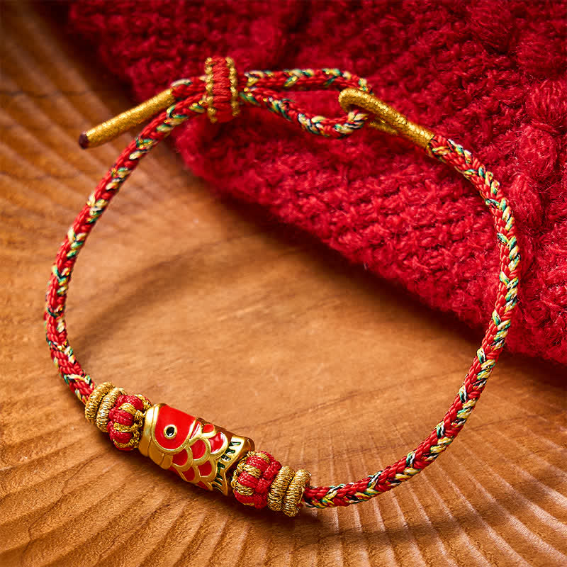 Buddha Stones Braccialetto portafortuna con pesci koi, realizzato a mano con cordino intrecciato. - Rosso con accessorio a forma di pesce koi - image 11