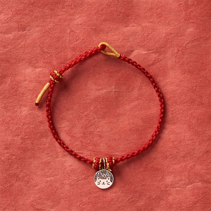Buddha Stones Ciondolo rotondo in argento sterling 925 raffigurante un gattino che mangia un pesce, simbolo di prosperità, con cordino rosso e nero intrecciato. - image 11