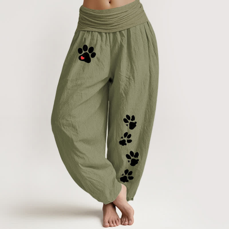 Buddha Stones Pantaloni harem da donna in puro cotone bianco con stampa di zampe e elastico in vita. - Verde oliva - US16, UK/AU20, EU48 (3XL) - image 8