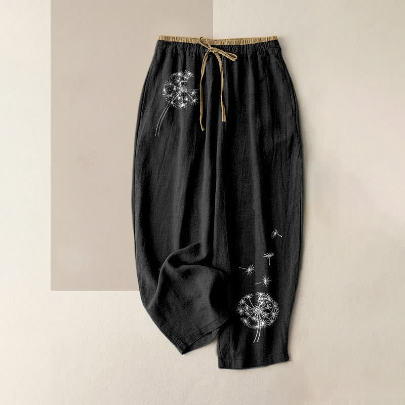 Buddha Stones Pantaloni da donna in puro cotone bianco con fantasia a dente di leone, elastico in vita e tasche. - Nero - US16, UK/AU20, EU48 (3XL) - image 0