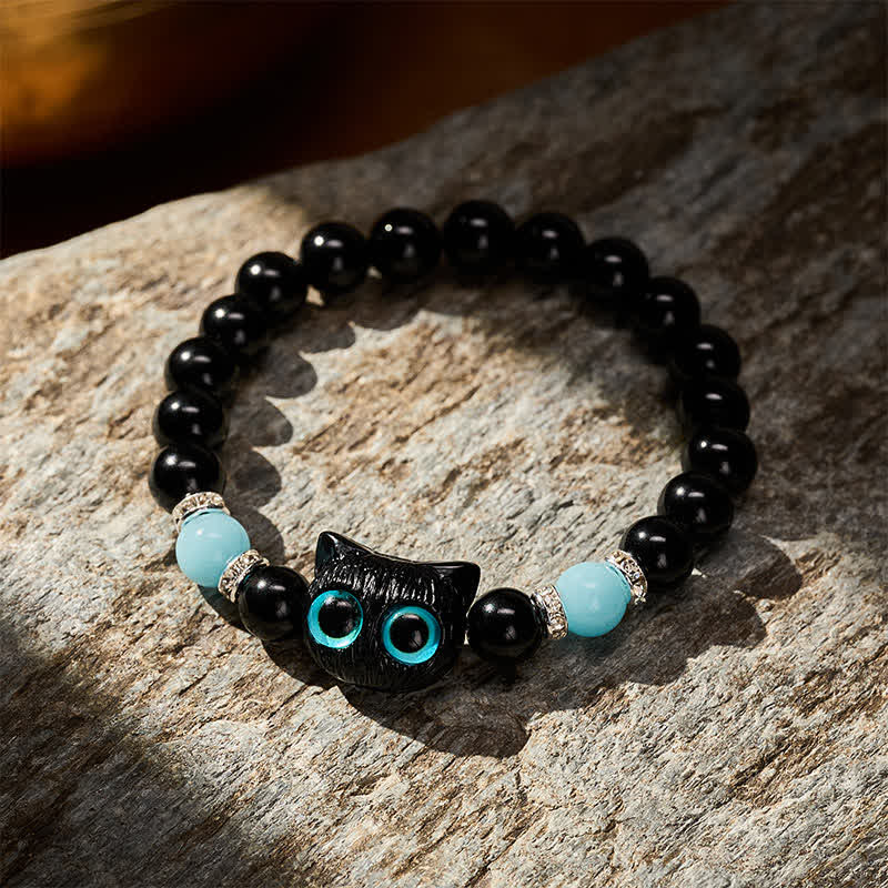 Buddha Stones Braccialetto protettivo con perline a forma di gatto dagli occhi grandi e grazioso in ossidiana nera. - image 15