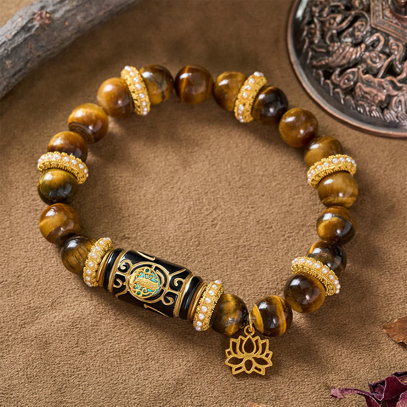 Buddha Stones Ciondolo a forma di loto in resina occhio di tigre giallo naturale, bracciale con perline rotonde della fiducia in sé stessi. - Occhio di tigre giallo (circonferenza del polso: 16–17 cm) - image 0