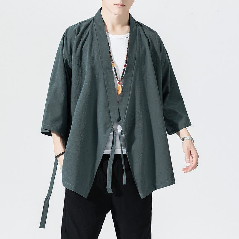Buddha Stones Kimono da uomo estivo, casual, minimalista, con coulisse, maniche a tre quarti, tinta unita. - image 1